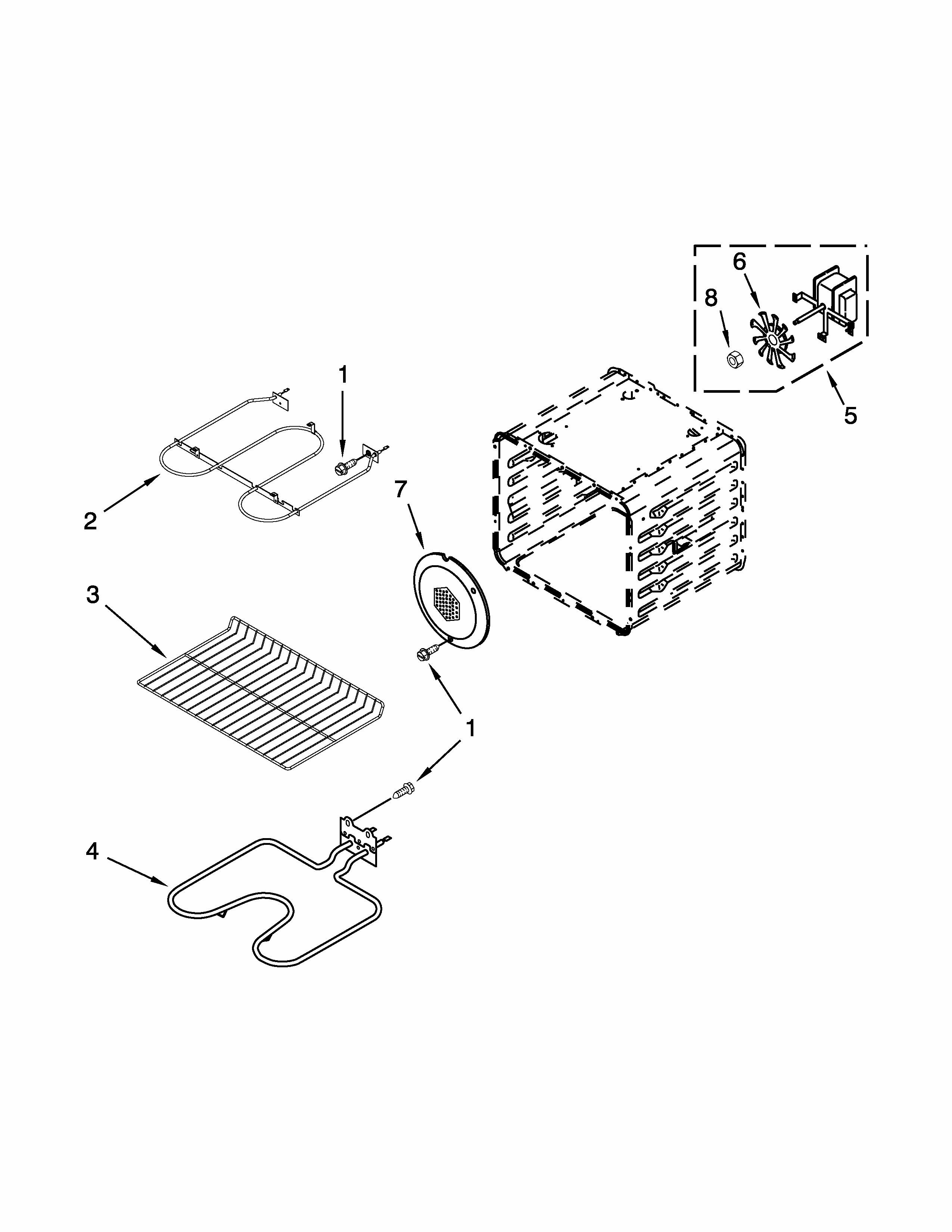 Internal Oven Parts Diagram and Parts List for IBS550PWW01  Whirlpool Wall Oven