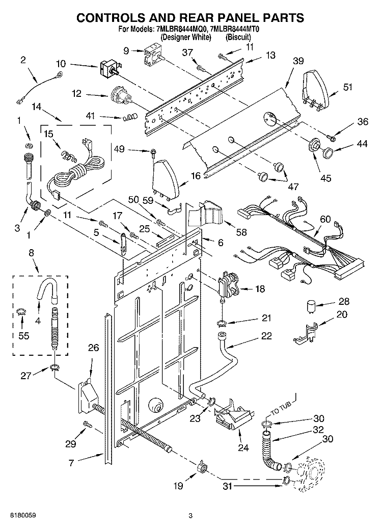 CONTROLS AND REAR PANEL PARTS Diagram and Parts List for 7MLBR8444MQ0  Whirlpool Washer