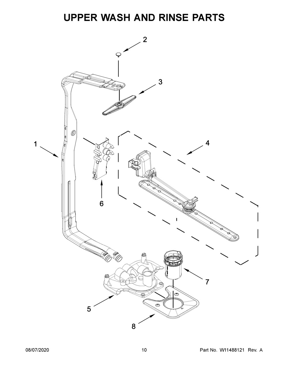 Upper Wash And Rinse Parts Diagram and Parts List for KDFE204KPS0  Whirlpool Dishwasher