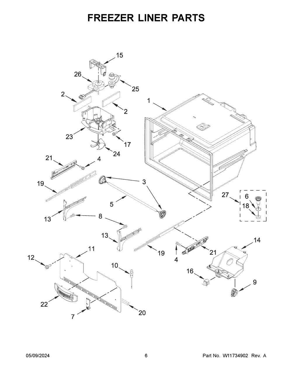 Freezer Liner Parts Diagram and Parts List for WRX735SDHW10  Whirlpool Refrigerator