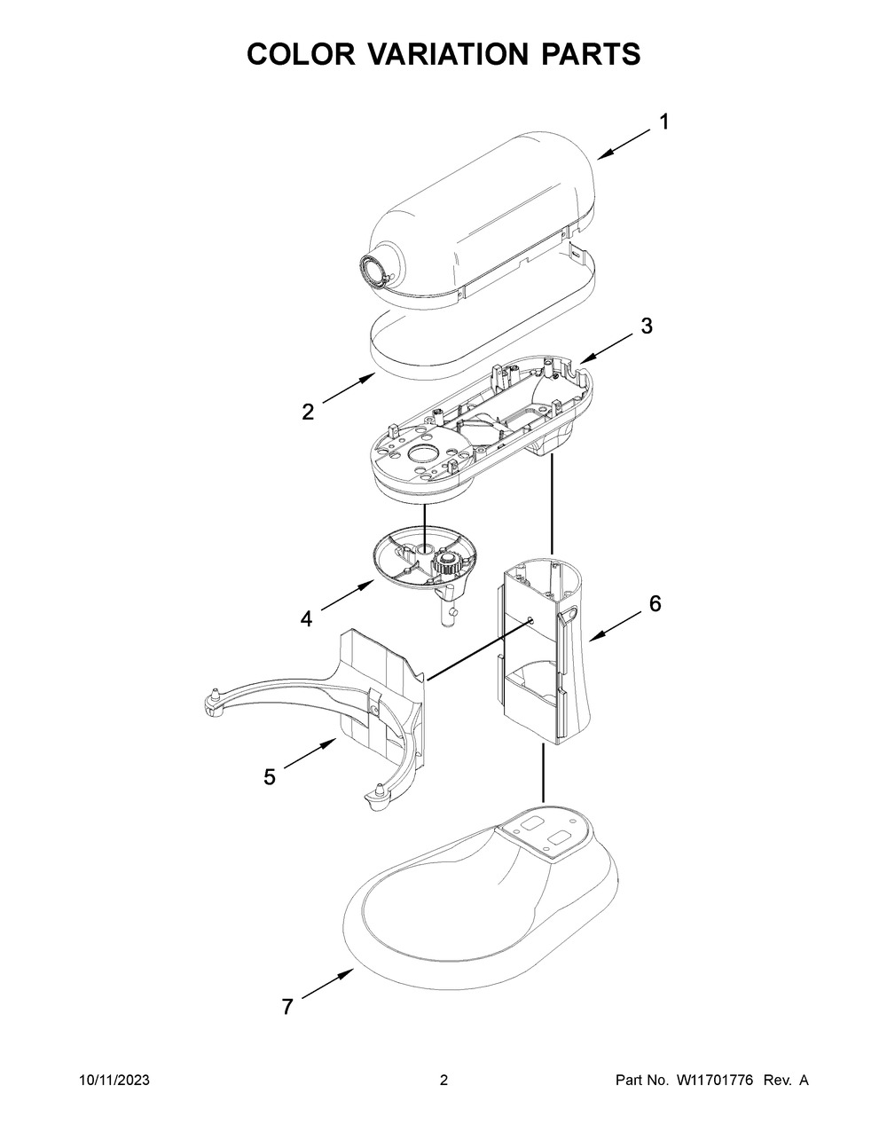 Color Variation Parts Diagram and Parts List for 5KSM55SXXNER0  KitchenAid Mixer
