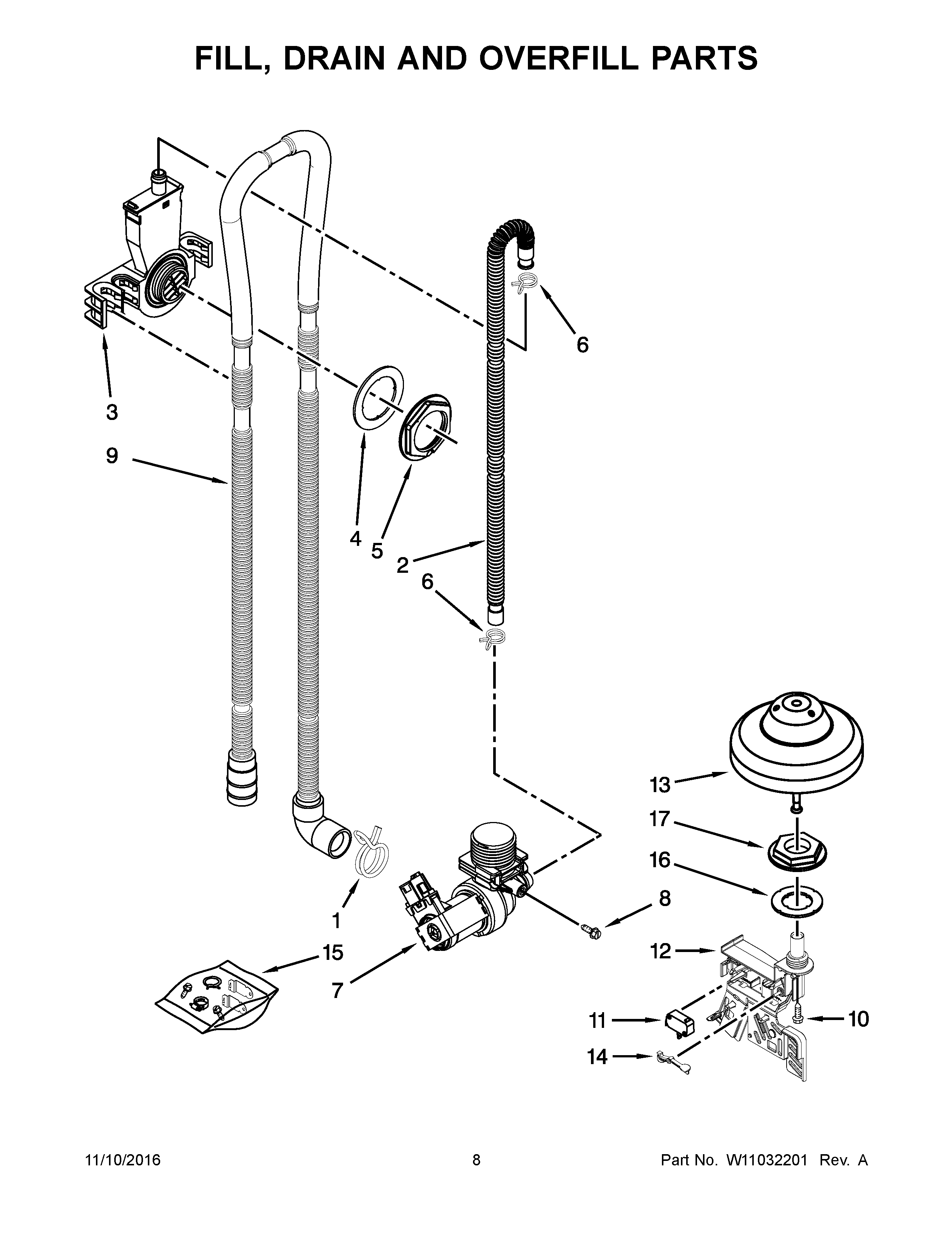 Fill, Drain And Overfill Parts Diagram and Parts List for 66513229N413  Kenmore Dishwasher