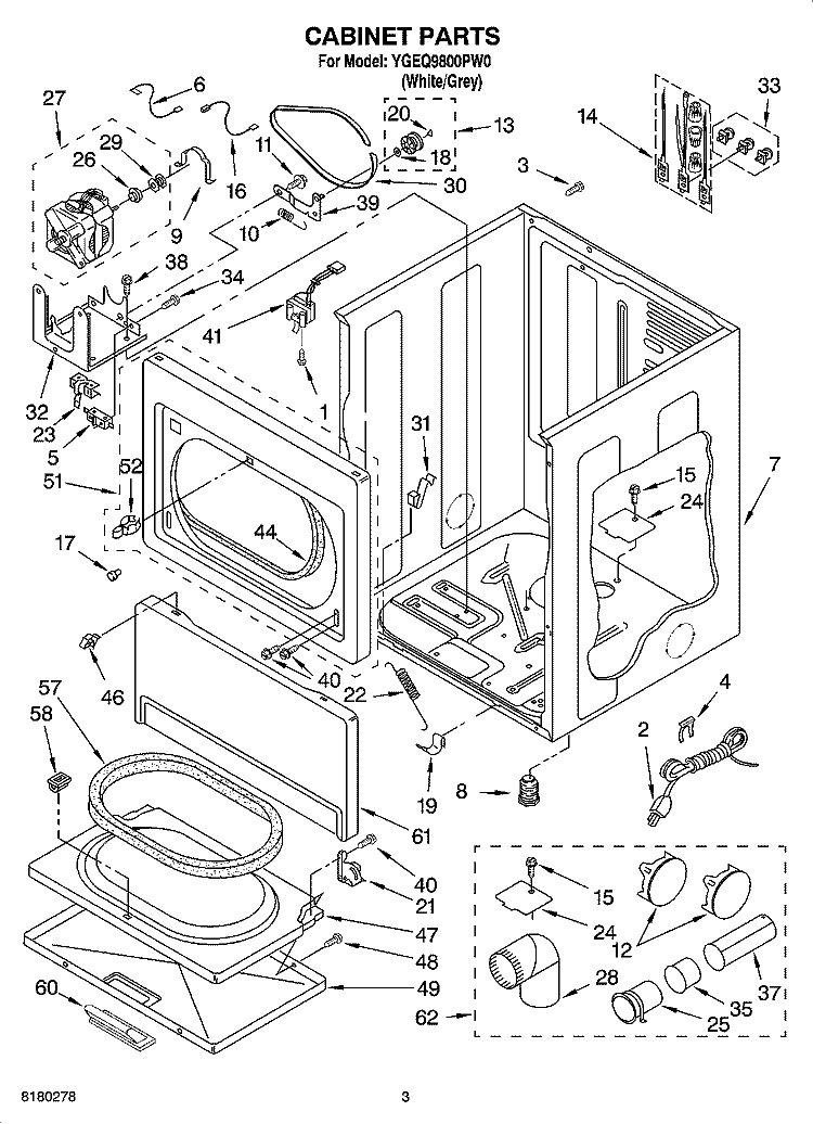 CABINET PARTS Diagram and Parts List for YGEQ9800PW0  Whirlpool Dryer