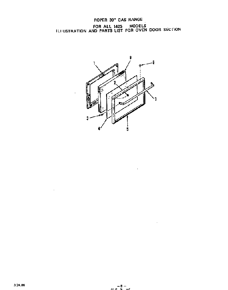 Oven Door Diagram and Parts List for 1405*1A  Roper Range