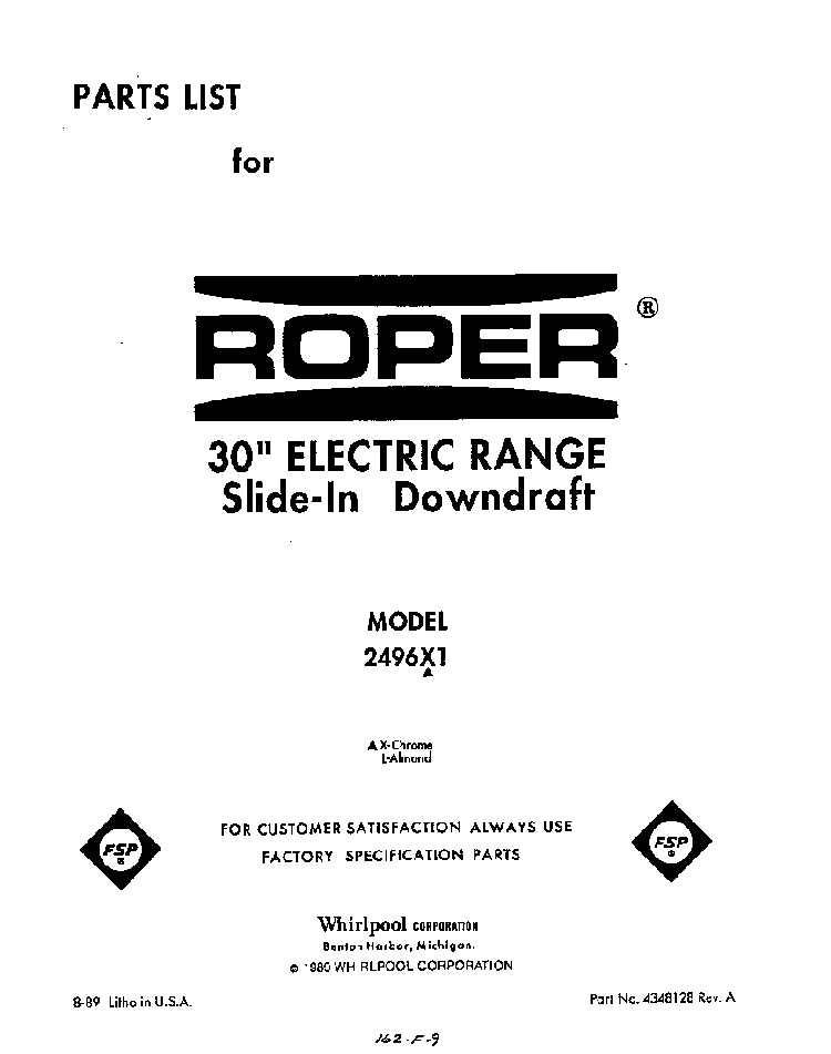 Front Cover Diagram and Parts List for 2496*1  Roper Range
