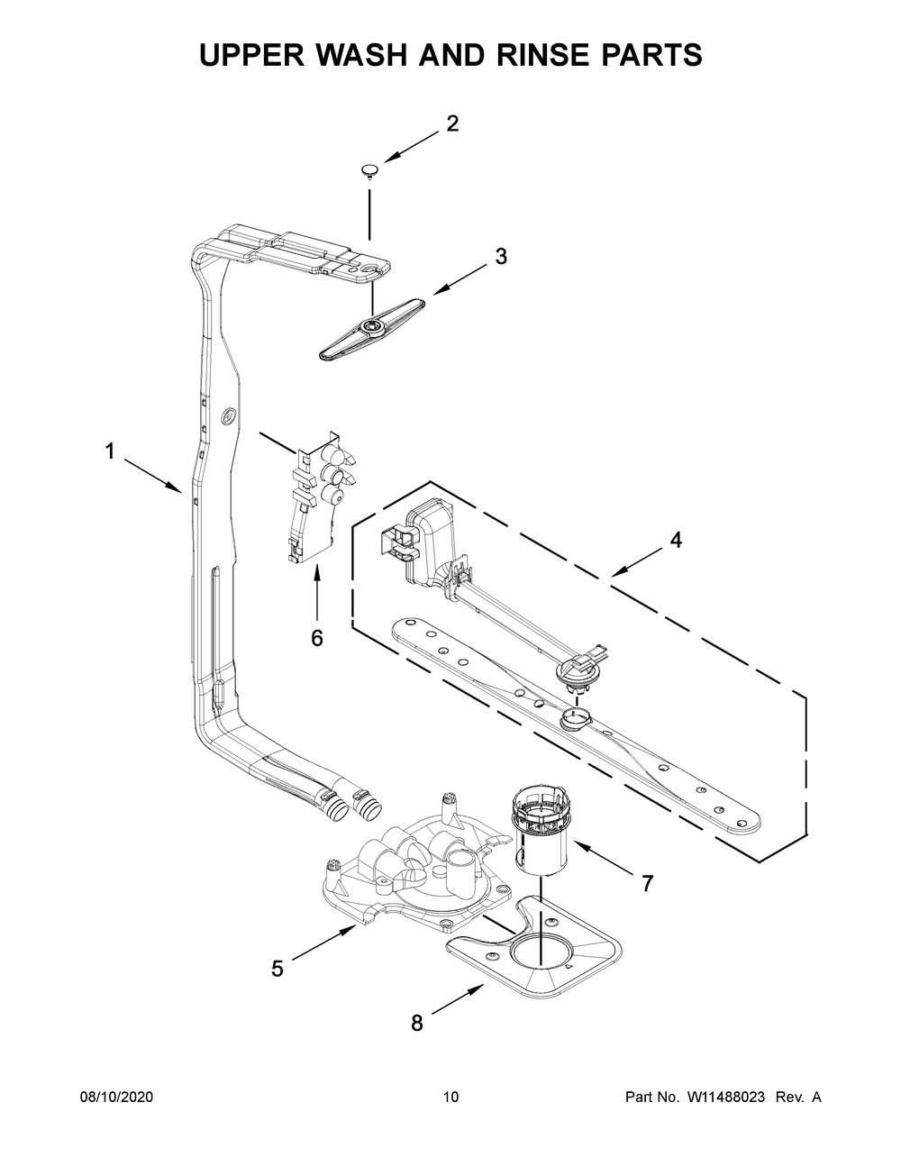 Upper Wash And Rinse Parts Diagram and Parts List for KDTE204KBL0  Whirlpool Dishwasher