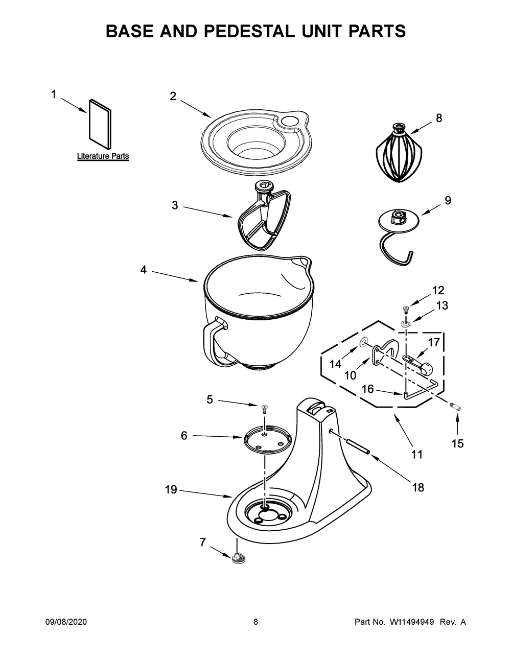 Base And Pedestal Unit Parts Diagram and Parts List for KSM154GBQ4FT0  Whirlpool Mixer