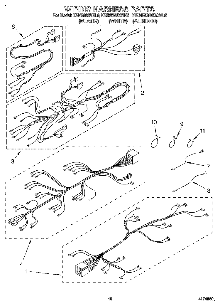 WIRING HARNESS Diagram and Parts List for KEMS306XWH6  KitchenAid Wall Oven