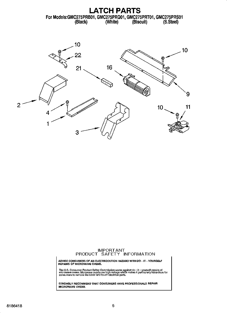 LATCH PARTS Diagram and Parts List for GMC275PRQ01  Whirlpool Microwave Oven Combo