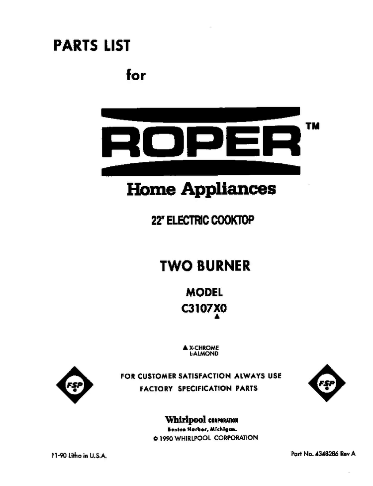Cover Page Diagram and Parts List for C3107L0  Roper Range