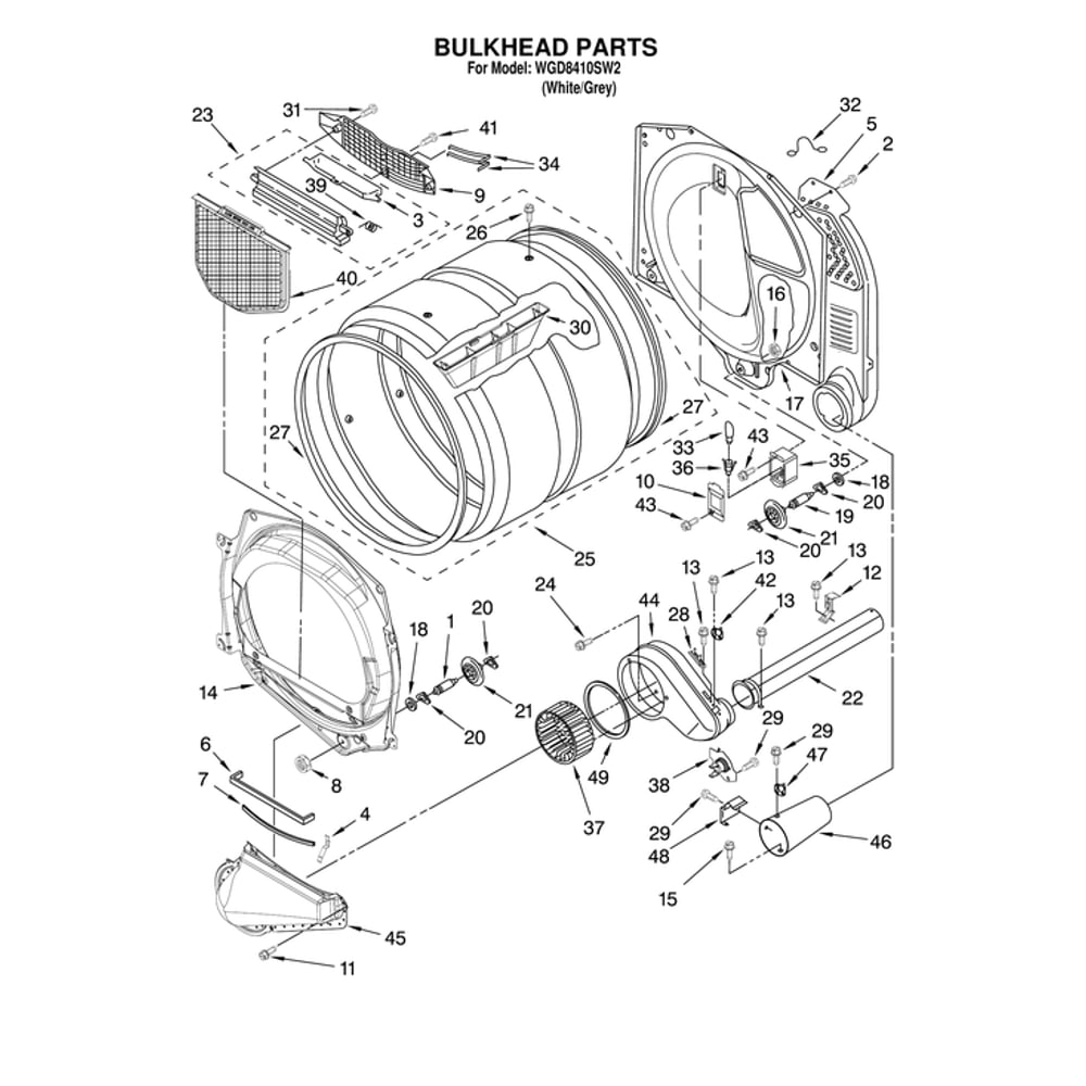 Bulkhead Parts Diagram and Parts List for WGD8410SW2  Whirlpool Dryer