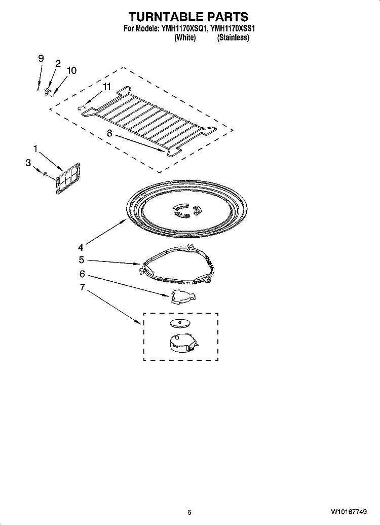 TURNTABLE PARTS Diagram and Parts List for YMH1170XSS1  Whirlpool Microwave
