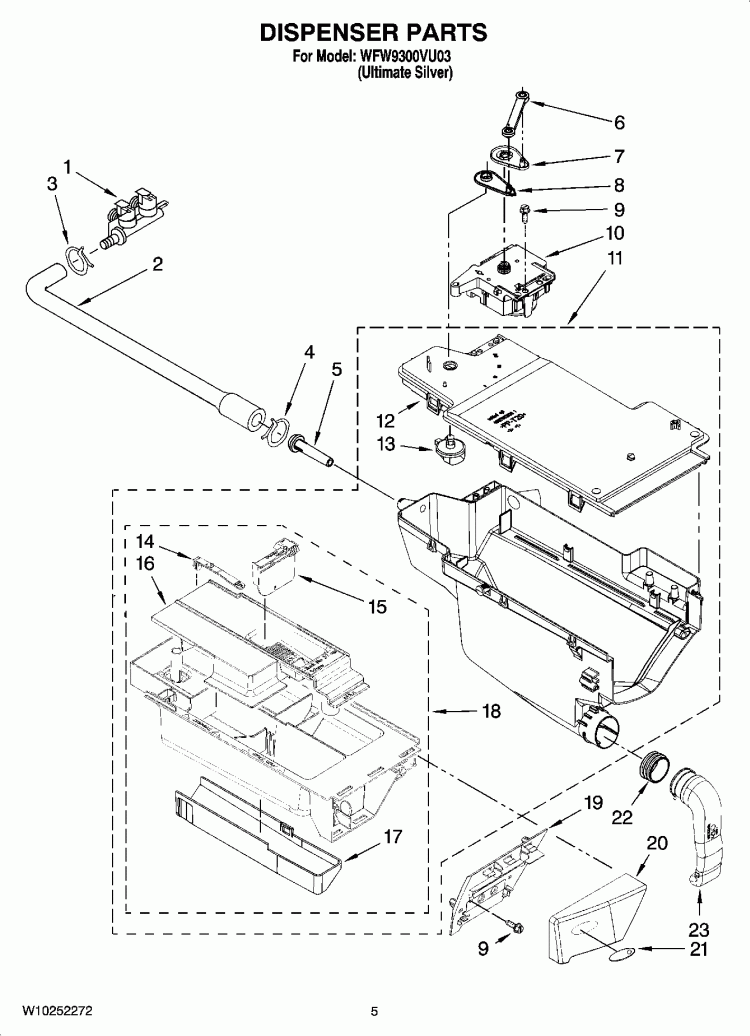 DISPENSER PARTS Diagram and Parts List for WFW9300VU03  Whirlpool Washer