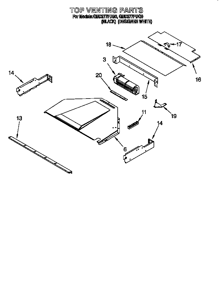 Top Venting Diagram and Parts List for PBK1227  Whirlpool Wall Oven