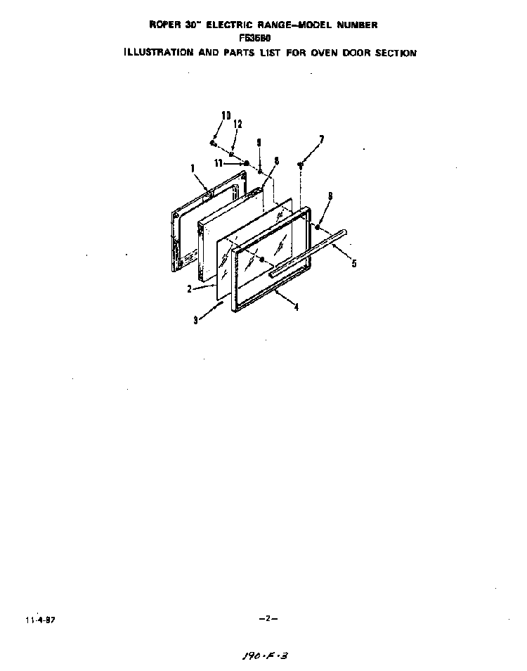 Oven Door Diagram and Parts List for F5358*0  Roper Range