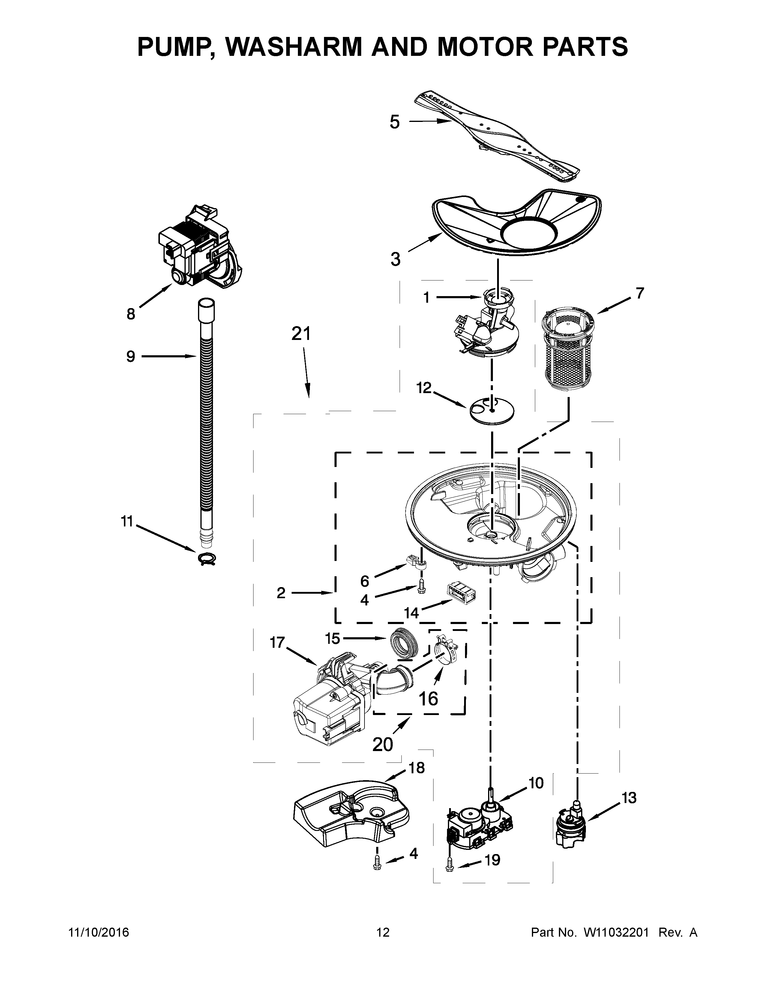 Pump, Washarm And Motor Parts Diagram and Parts List for 66513229N413  Kenmore Dishwasher