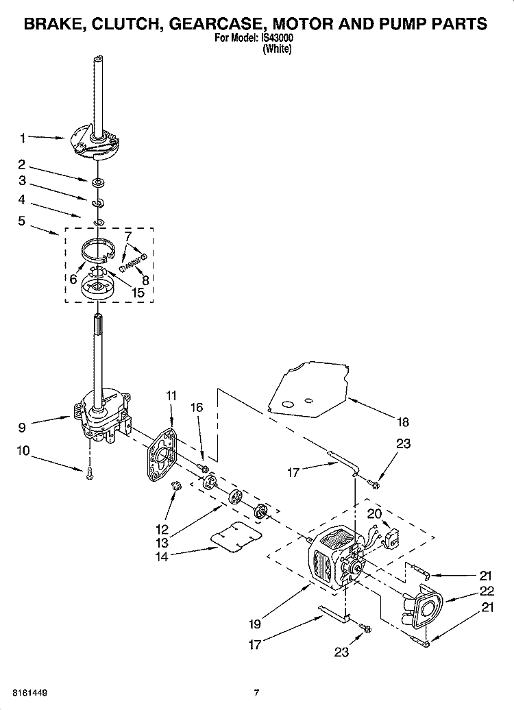 BRAKE, CLUTCH, GEARCASE, MOTOR AND PUMP PARTS Diagram and Parts List for IS43000  Inglis Washer