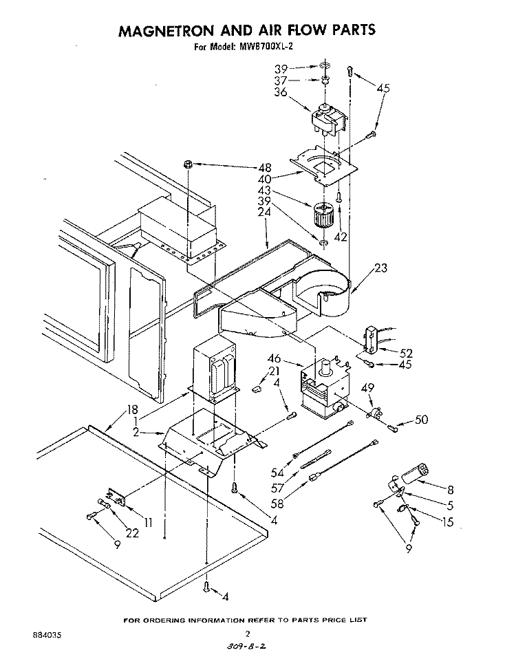 MAGNETRON AND AIR FLOW Diagram and Parts List for MW8700XL2  Whirlpool Microwave
