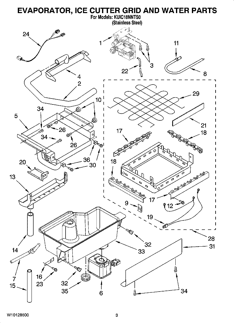 EVAPORATOR, ICE CUTTER GRID AND WATER PARTS Diagram and Parts List for KUIC18NNTS0  KitchenAid Ice Maker