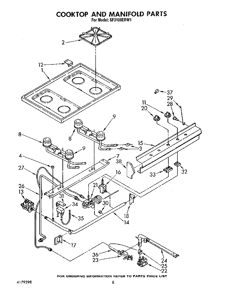 COOKTOP AND MANIFOLD, LIT/OPTIONAL Diagram and Parts List for SF0100ERW1  Whirlpool Range