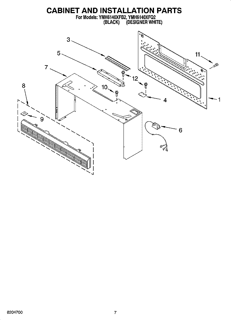 CABINET AND INSTALLATION PARTS Diagram and Parts List for YMH6140XFQ2  Whirlpool Microwave