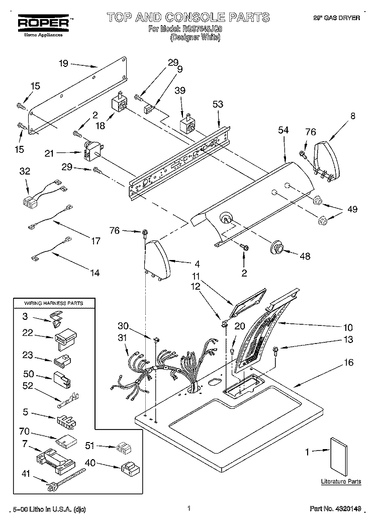 TOP AND CONSOLE, LITERATURE Diagram and Parts List for RGS7648JQ0  Roper Dryer