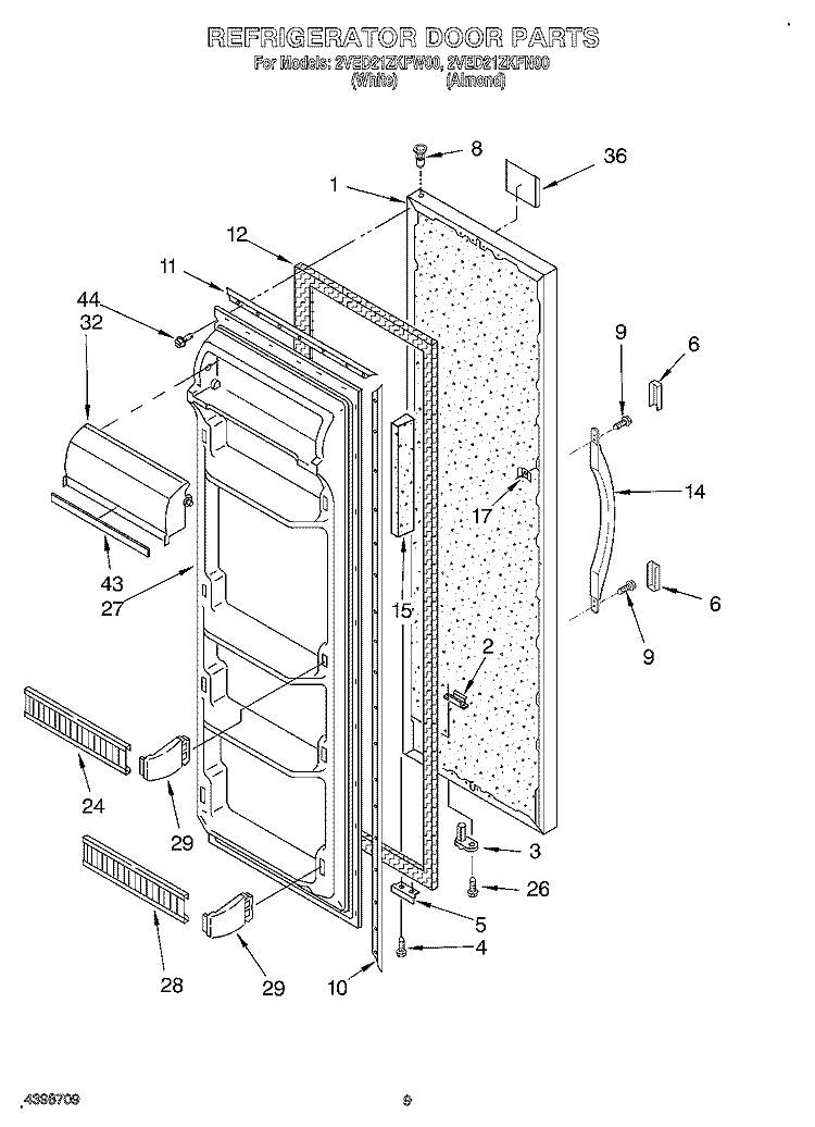 REFRIGERATOR DOOR Diagram and Parts List for 2VED21ZKFW00  Whirlpool Refrigerator