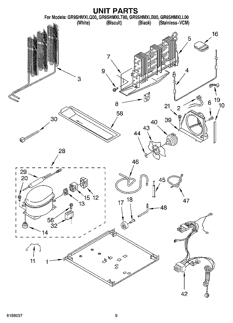 UNIT Diagram and Parts List for GR9SHMXLB00  Whirlpool Refrigerator