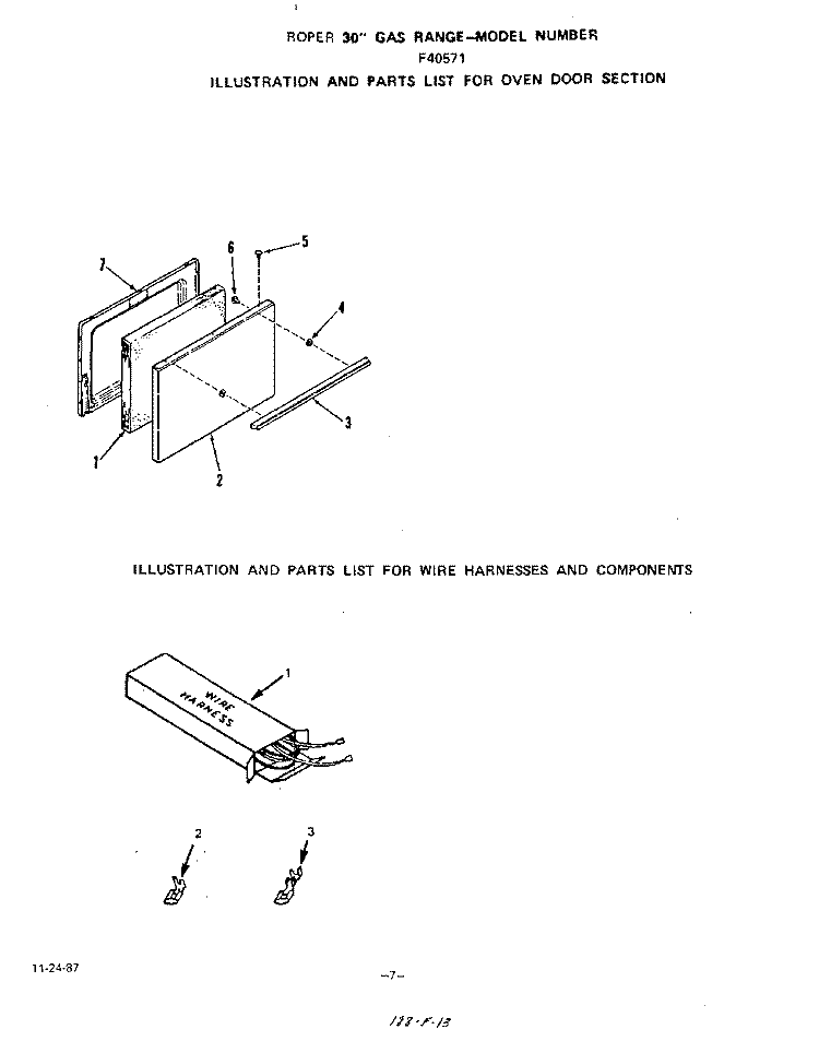 OVEN DOOR , WIRE HARNESS AND COMPONENTS Diagram and Parts List for F4057W1  Roper Range