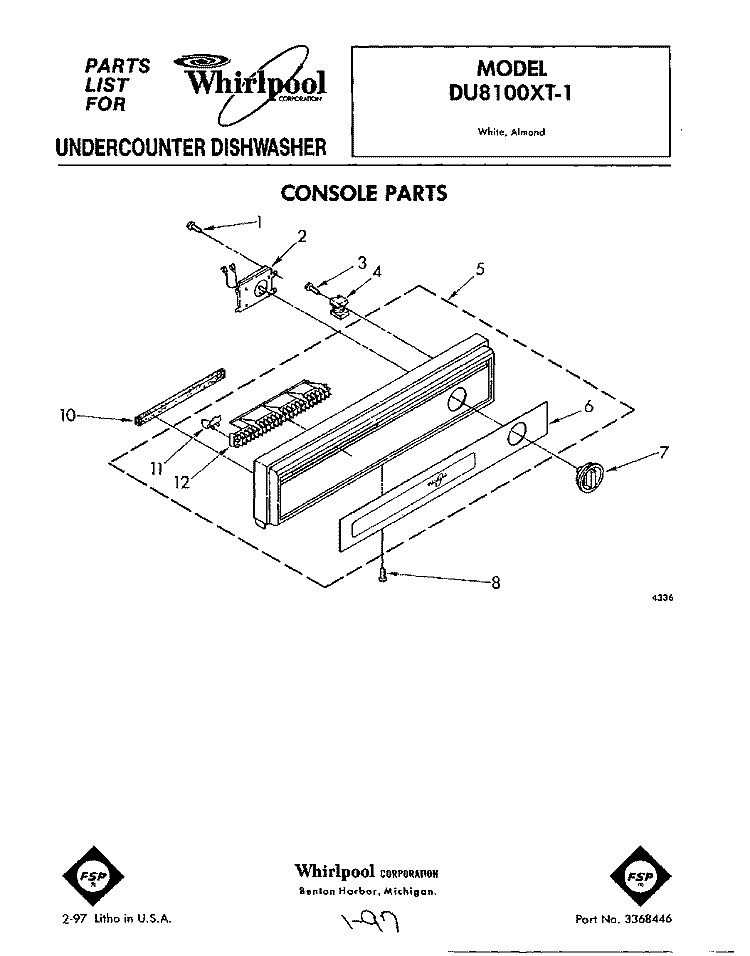CONSOLE Diagram and Parts List for DU8100XT1  Whirlpool Dishwasher