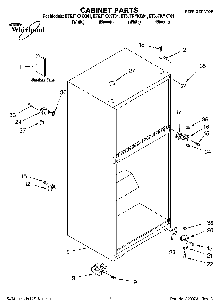 CABINET PARTS Diagram and Parts List for ET6JTKYKT01  Whirlpool Refrigerator