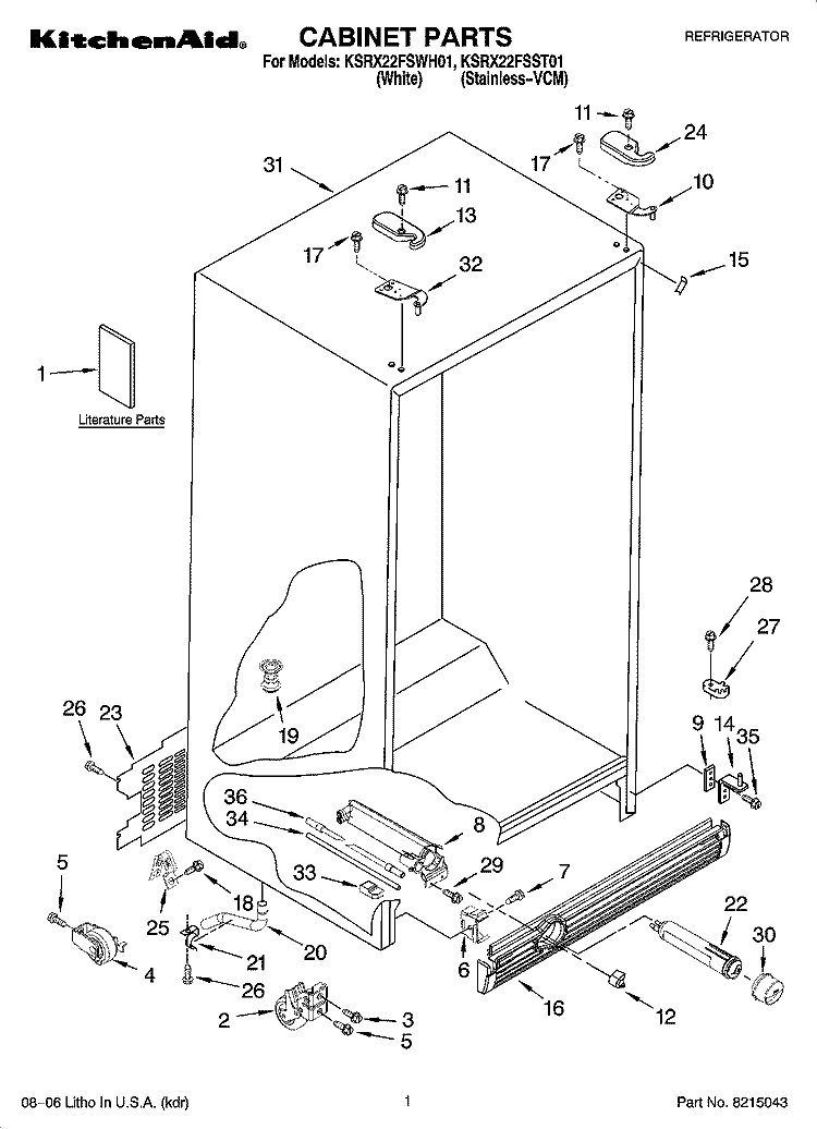 CABINET PARTS Diagram and Parts List for KSRX22FSWH01  KitchenAid Refrigerator
