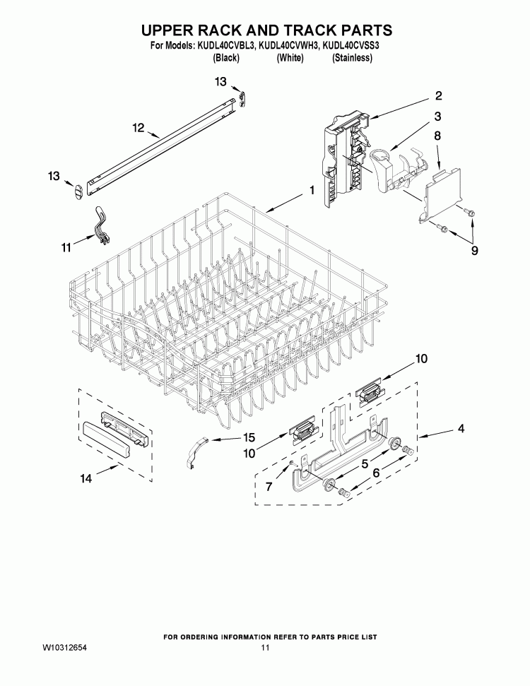 UPPER RACK AND TRACK PARTS Diagram and Parts List for KUDL40CVBL3  KitchenAid Dishwasher