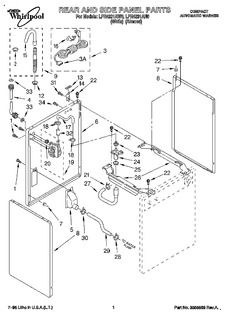 REAR AND SIDE PANEL Diagram and Parts List for LPR4231AW0  Whirlpool Washer
