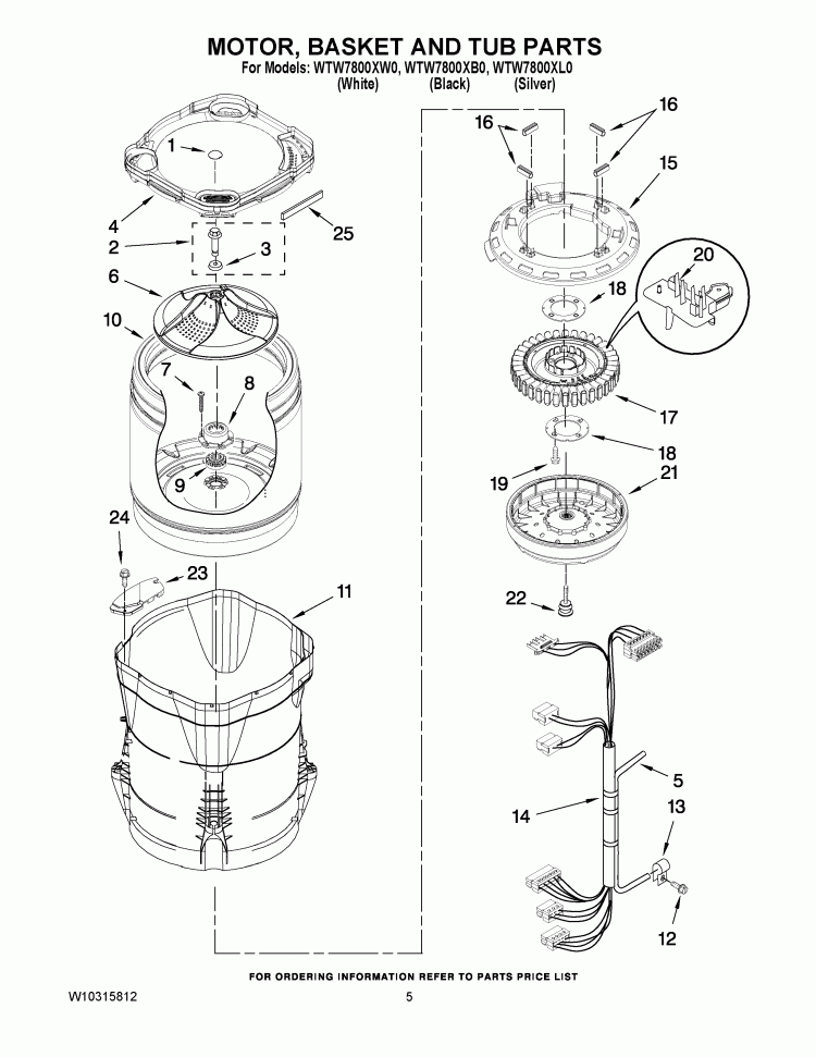 MOTOR, BASKET AND TUB PARTS Diagram and Parts List for WTW7800XW0  Whirlpool Washer