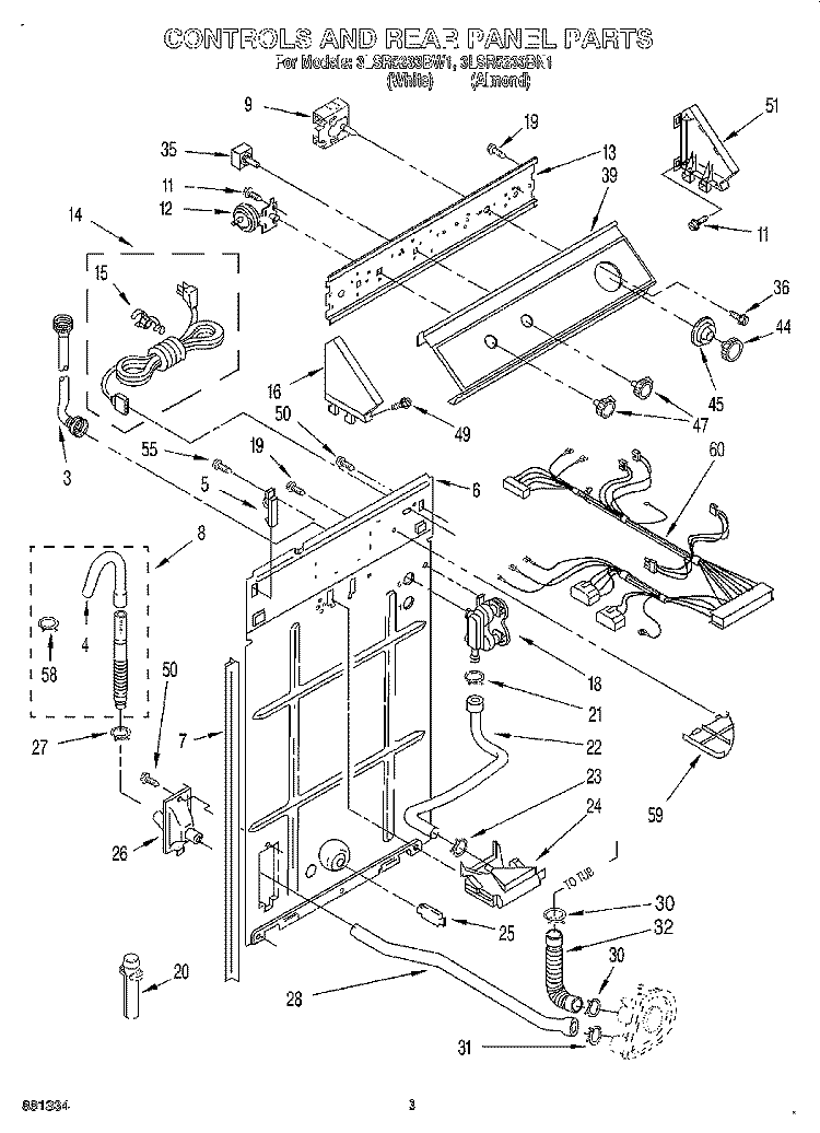 CONTROLS AND REAR PANEL Diagram and Parts List for 3LSR5233BN1  Whirlpool Washer