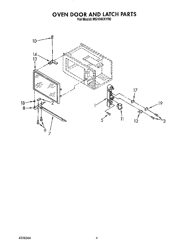 OVEN DOOR AND LATCH Diagram and Parts List for MS1060XYR0  Whirlpool Microwave