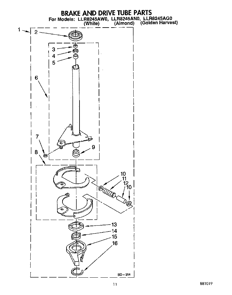 BRAKE AND DRIVE TUBE Diagram and Parts List for LLR8245AG0  Whirlpool Washer
