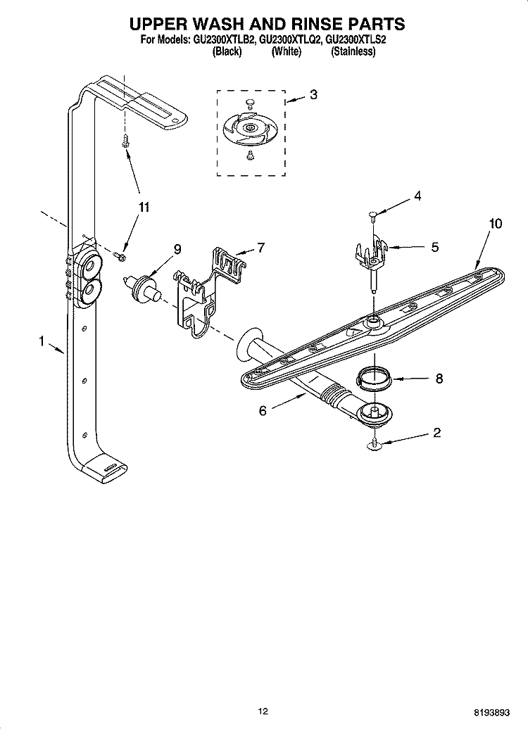 UPPER WASH AND RINSE PARTS Diagram and Parts List for GU2300XTLS2  Whirlpool Dishwasher
