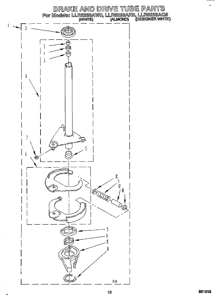 BRAKE AND DRIVE TUBE Diagram and Parts List for LLR6233AN0  Whirlpool Washer
