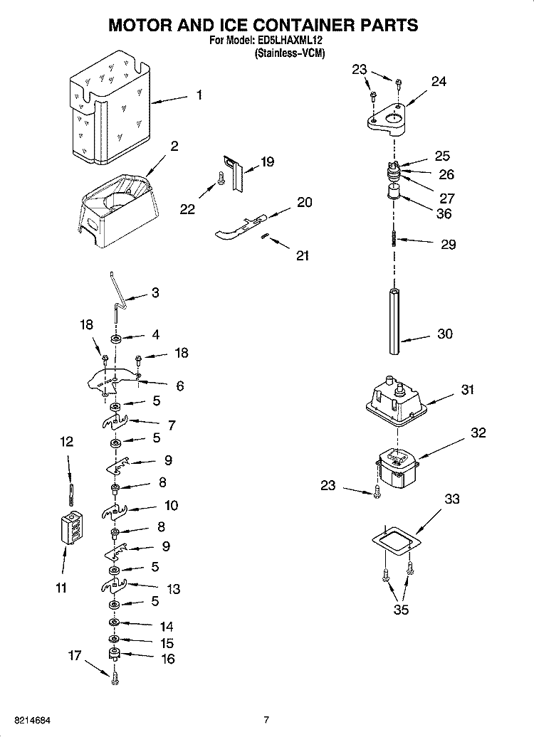 MOTOR AND ICE CONTAINER PARTS Diagram and Parts List for ED5LHAXML12  Whirlpool Refrigerator