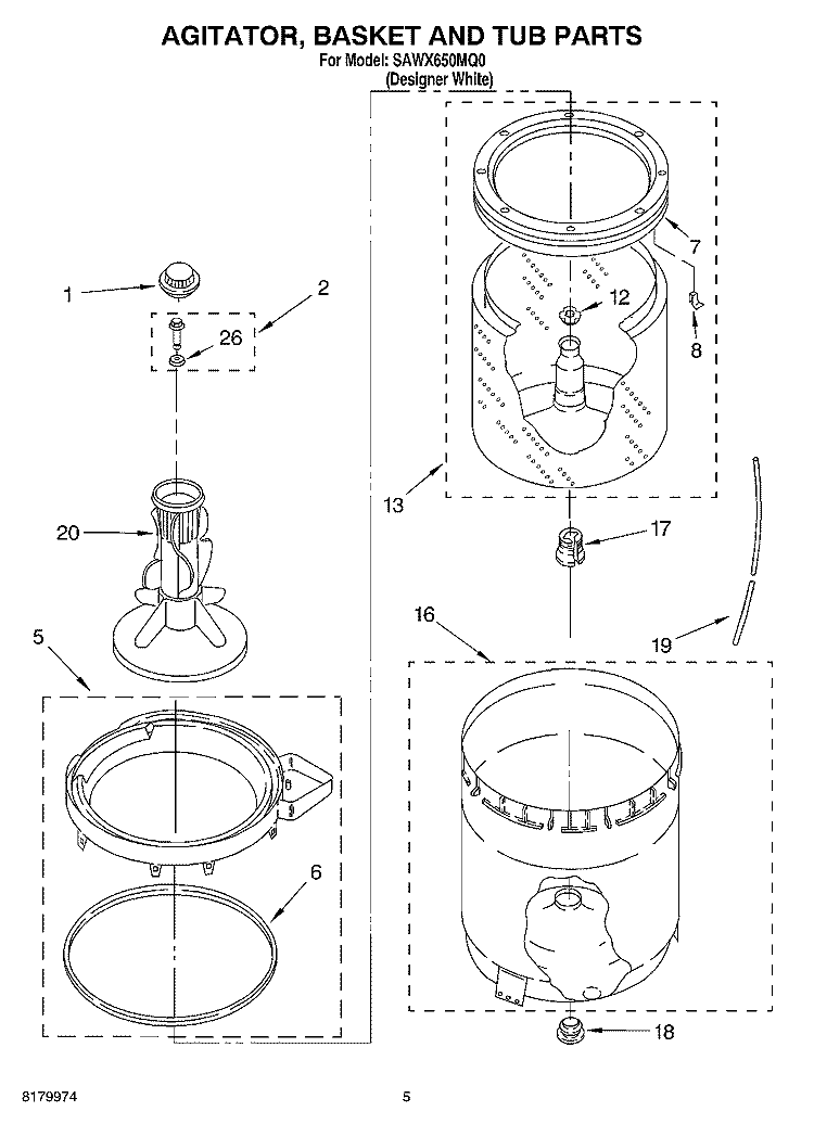 AGITATOR, BASKET AND TUB PARTS Diagram and Parts List for SAWX650MQ0  Whirlpool Washer