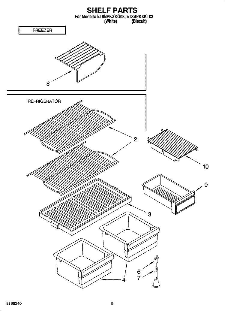 SHELF PARTS, OPTIONAL PARTS Diagram and Parts List for ET8BPKXKT03  Whirlpool Refrigerator