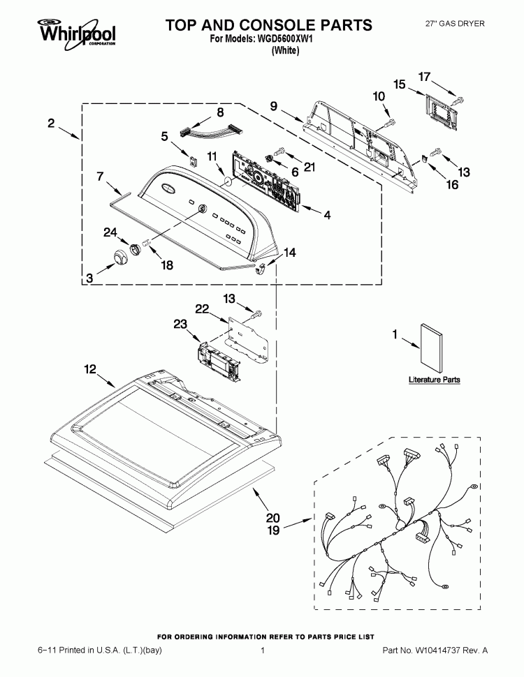 TOP AND CONSOLE PARTS Diagram and Parts List for WGD5600XW1  Whirlpool Dryer