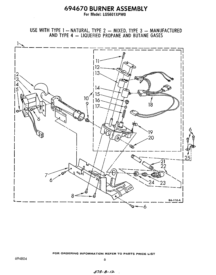 694670 BURNER Diagram and Parts List for LG5601XPW0  Whirlpool Dryer