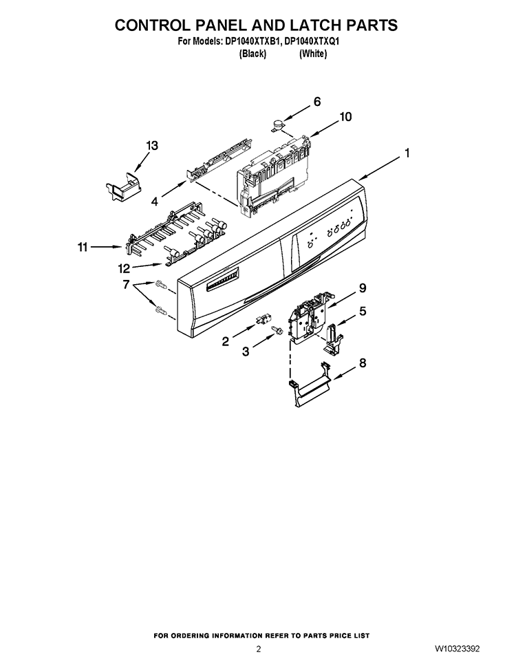 CONTROL PANEL AND LATCH PARTS Diagram and Parts List for DP1040XTXB1  Whirlpool Dishwasher