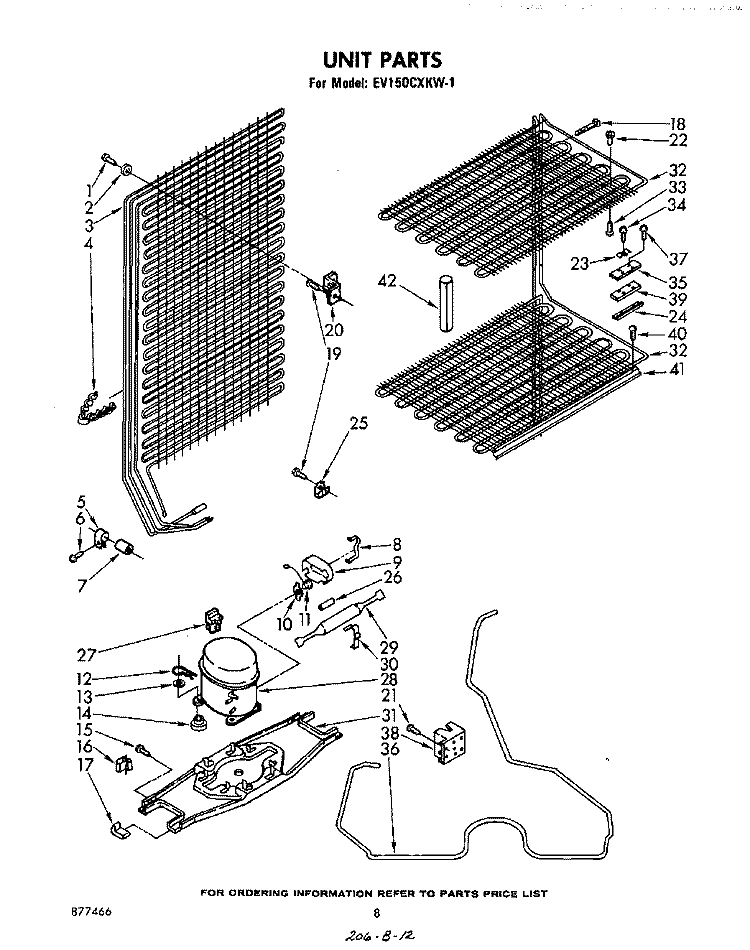 UNIT Diagram and Parts List for EV150CXKW1  Whirlpool Freezer