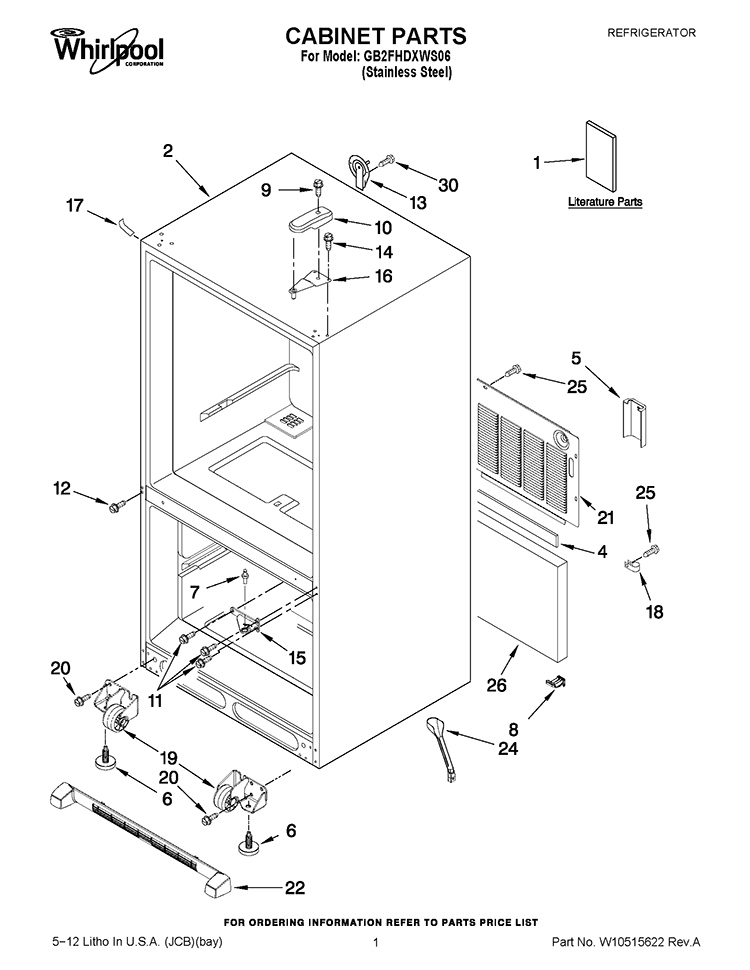CABINET PARTS Diagram and Parts List for GB2FHDXWS06  Whirlpool Refrigerator
