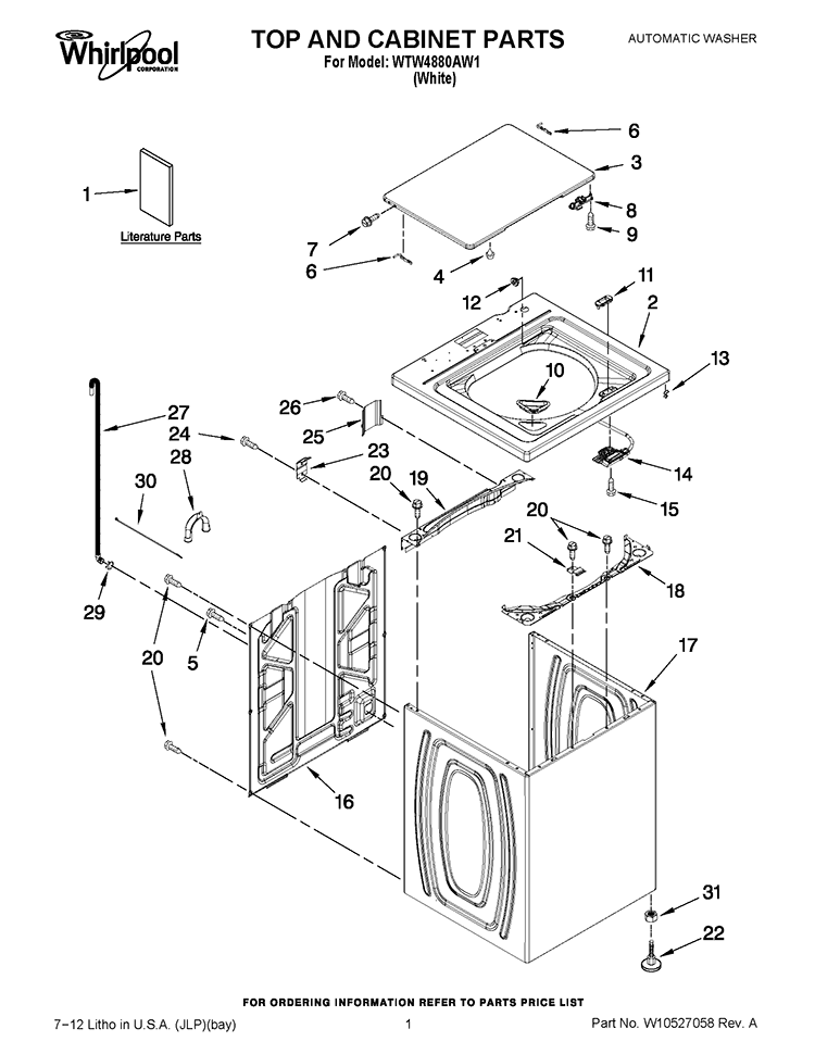 TOP AND CABINET PARTS Diagram and Parts List for WTW4880AW1  Whirlpool Washer