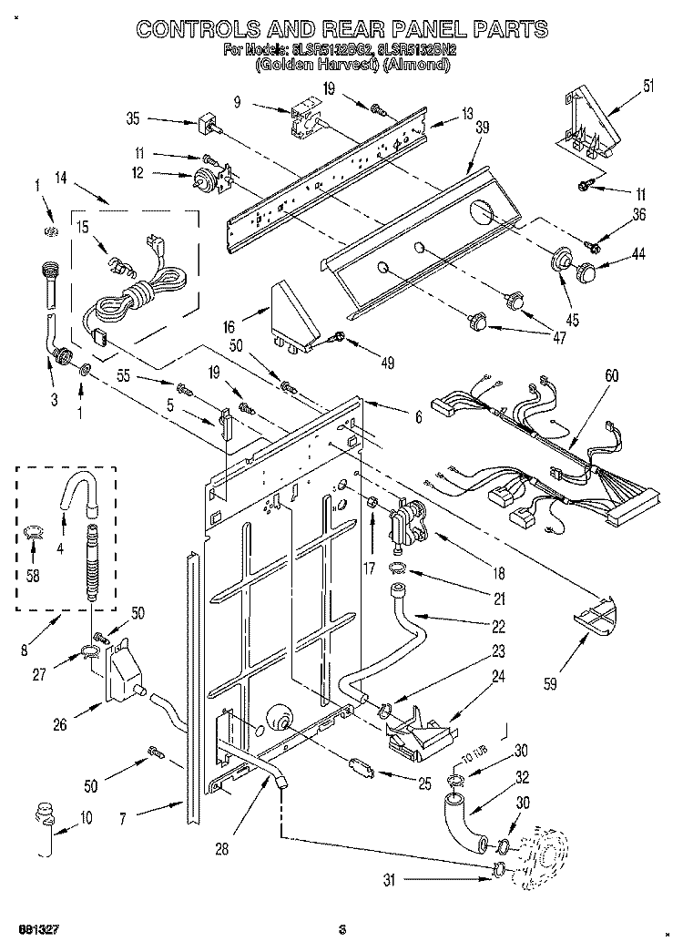 CONTROLS AND REAR PANEL Diagram and Parts List for 8LSR5132BN2  Whirlpool Washer